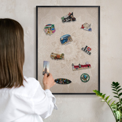 Metal wall board for magnets in a black frame Mandala pattern