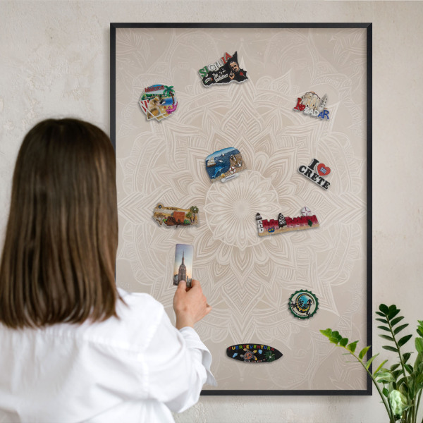 Metal wall board for magnets in a black frame Mandala pattern
