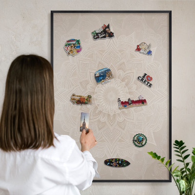 Metal wall board for magnets in a black frame Mandala pattern