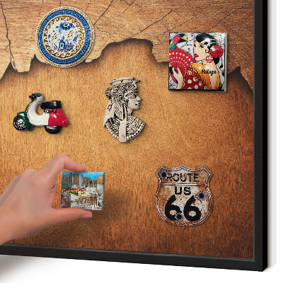 Metal wall board for magnets in a black frame Wooden texture