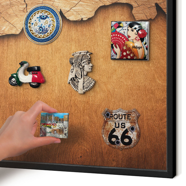 Metal wall board for magnets in a black frame Wooden texture