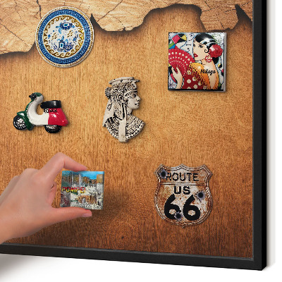 Metal wall board for magnets in a black frame Wooden texture