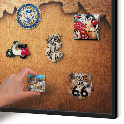 Metal wall board for magnets in a black frame Wooden texture