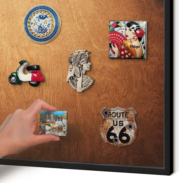 Metal wall board for magnets in a black frame Wooden texture