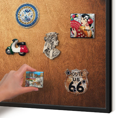 Metal wall board for magnets in a black frame Wooden texture