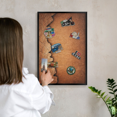 Metal wall board for magnets in a black frame Wooden texture