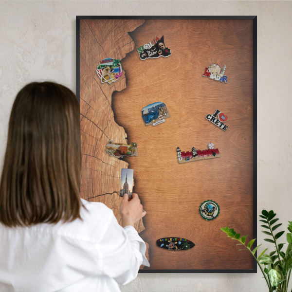 Metal wall board for magnets in a black frame Wooden texture