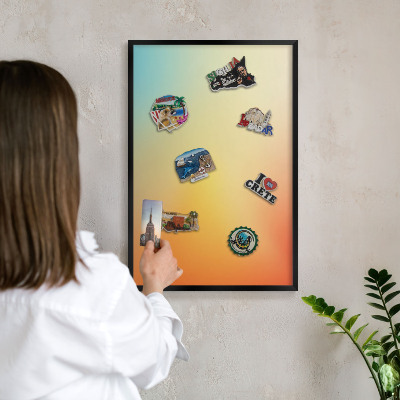 Metal wall board for magnets in a black frame Color transition