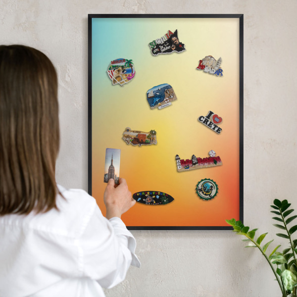 Metal wall board for magnets in a black frame Color transition