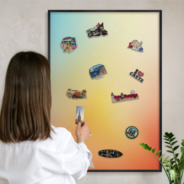 Metal wall board for magnets in a black frame Color transition