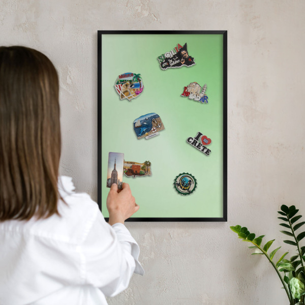 Metal wall board for magnets in a black frame Green harmony