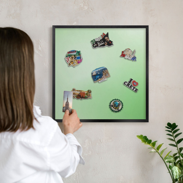 Metal wall board for magnets in a black frame Green harmony