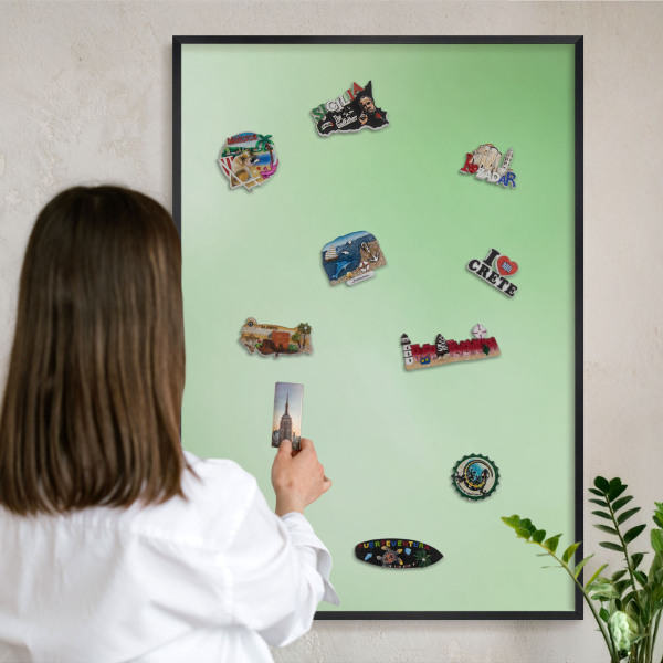 Metal wall board for magnets in a black frame Green harmony