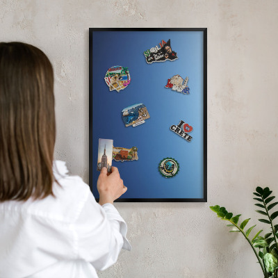 Metal wall board for magnets in a black frame Blue gradients