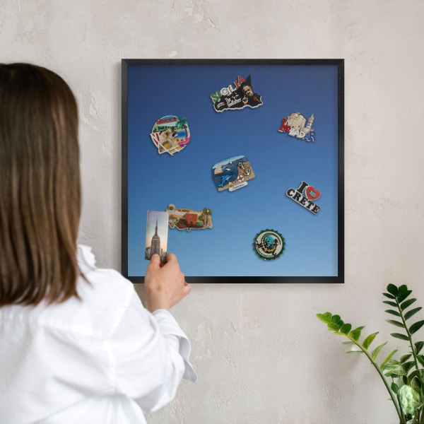 Metal wall board for magnets in a black frame Blue gradients