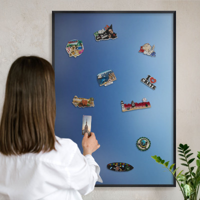 Metal wall board for magnets in a black frame Blue gradients