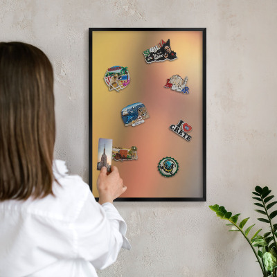 Metal wall board for magnets in a black frame Colorful glow