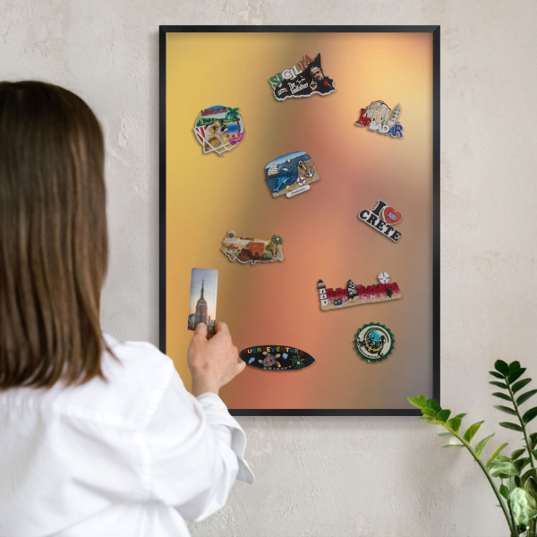 Metal wall board for magnets in a black frame Colorful glow