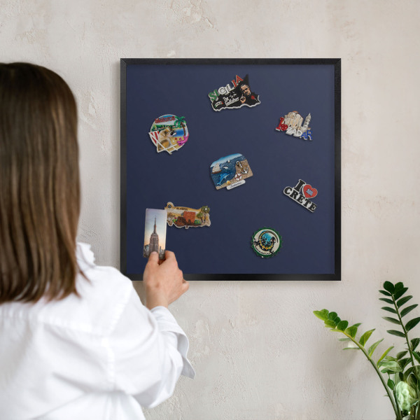 Metal wall board for magnets in a black frame Dark navy blue