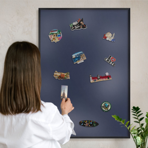 Metal wall board for magnets in a black frame Dark navy blue