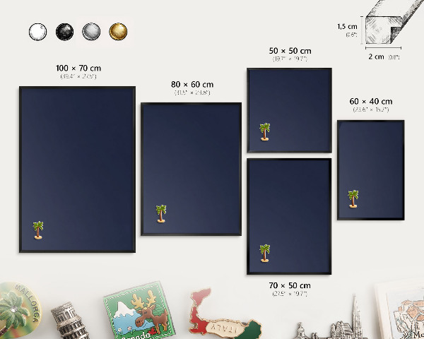 Metal wall board for magnets in a black frame Dark navy blue