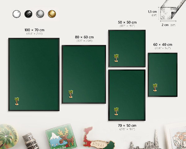 Metal wall board for magnets in a black frame Bottle green