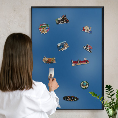 Metal wall board for magnets in a black frame Dark blue