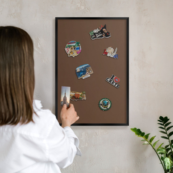 Metal wall board for magnets in a black frame Chestnut brown