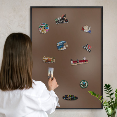 Metal wall board for magnets in a black frame Chestnut brown