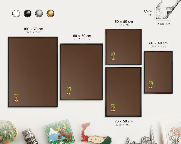 Metal wall board for magnets in a black frame Chestnut brown