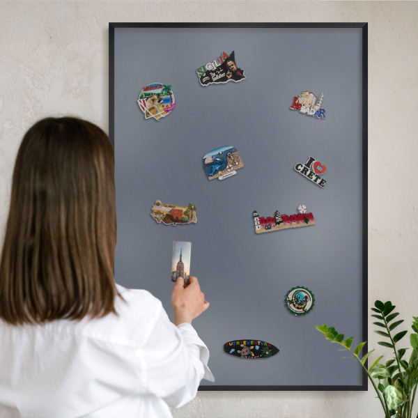 Vacation magnet board with a black frame Cool gray