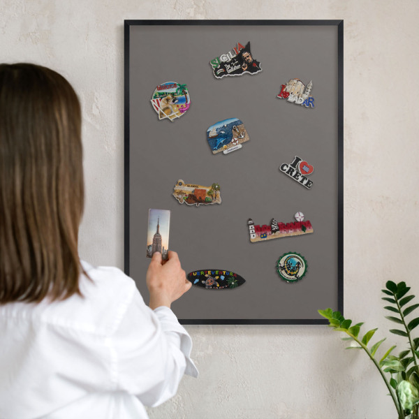 Metal wall board for magnets in a black frame Dark gray