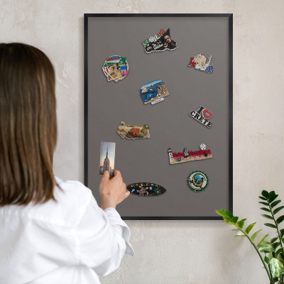 Metal wall board for magnets in a black frame Dark gray