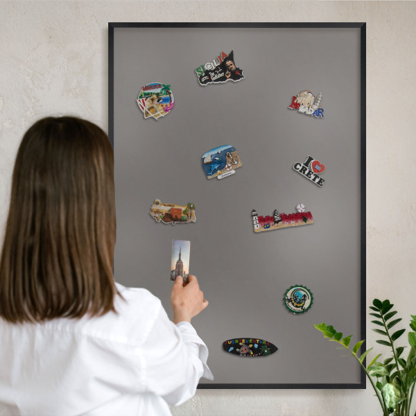Metal wall board for magnets in a black frame Dark gray