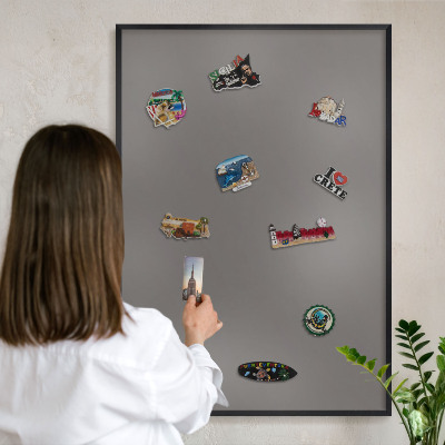 Metal wall board for magnets in a black frame Dark gray