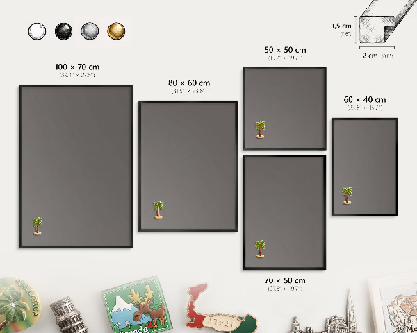 Metal wall board for magnets in a black frame Dark gray