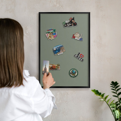 Vacation magnet board with a black frame Dark sage