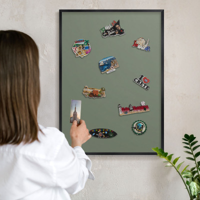 Vacation magnet board with a black frame Dark sage