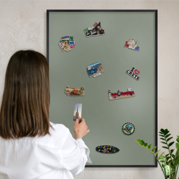 Vacation magnet board with a black frame Dark sage