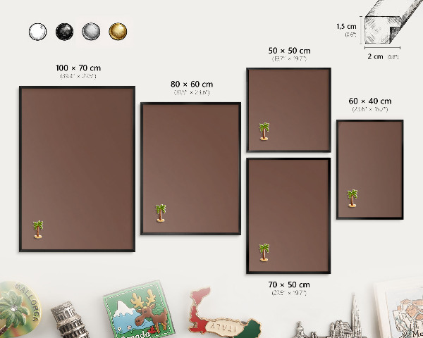 Metal wall board for magnets in a black frame Brown color