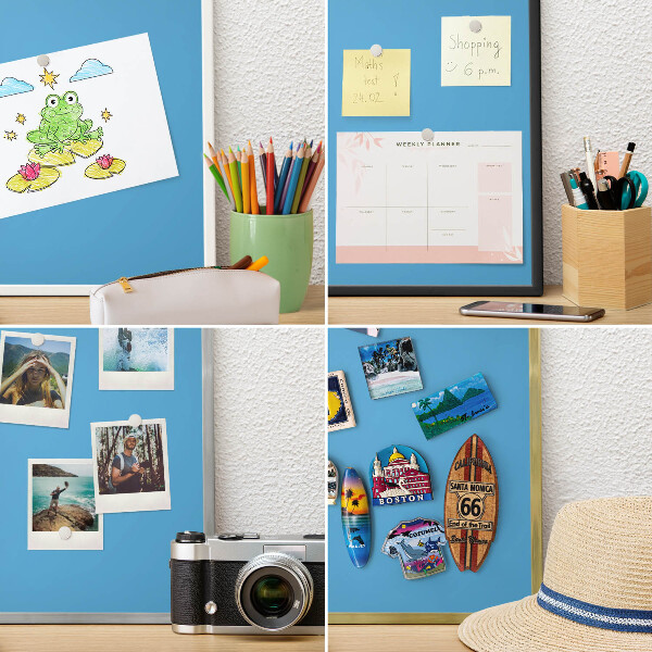 Vacation magnet board with a black frame Blue water