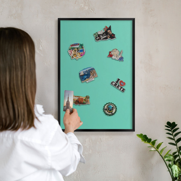 Metal wall board for magnets in a black frame Strong mint