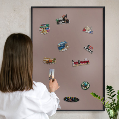 Metal wall board for magnets in a black frame Pastel brown