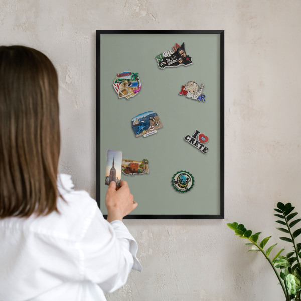 Vacation magnet board with a black frame Sage