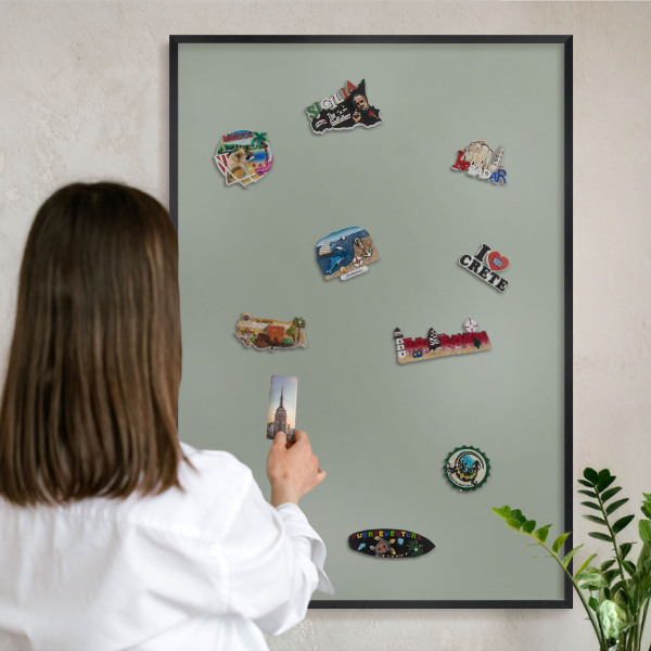 Vacation magnet board with a black frame Sage