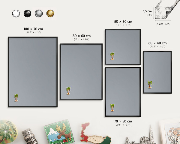 Vacation magnet board with a black frame Delicate gray