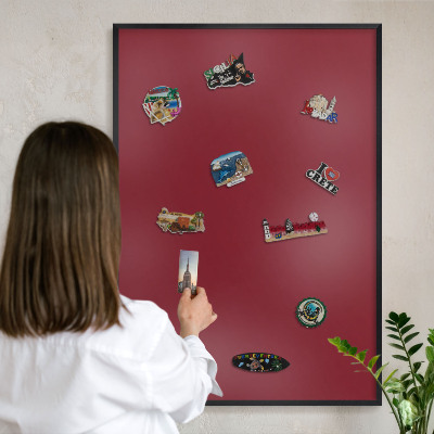 Metal wall board for magnets in a black frame Vivid burgundy