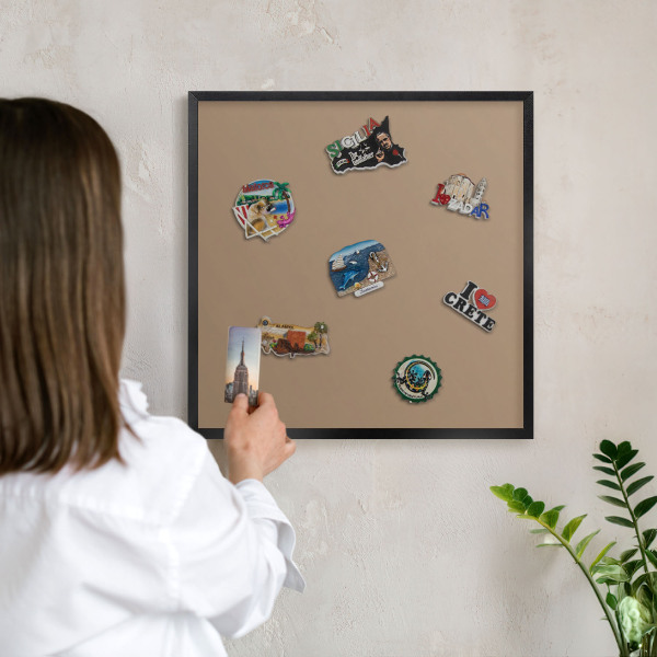 Metal wall board for magnets in a black frame Warm light brown