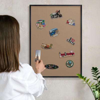 Metal wall board for magnets in a black frame Warm light brown