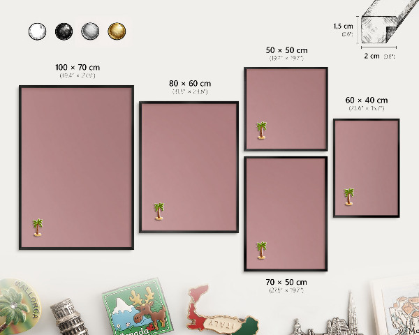 Vacation magnet board with a black frame Pastel dusty pink